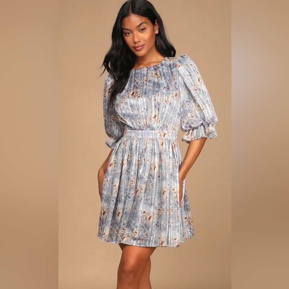 Lulu’s Pleasing to the Eye Blue Floral Print Skater Mini Dress Size XL